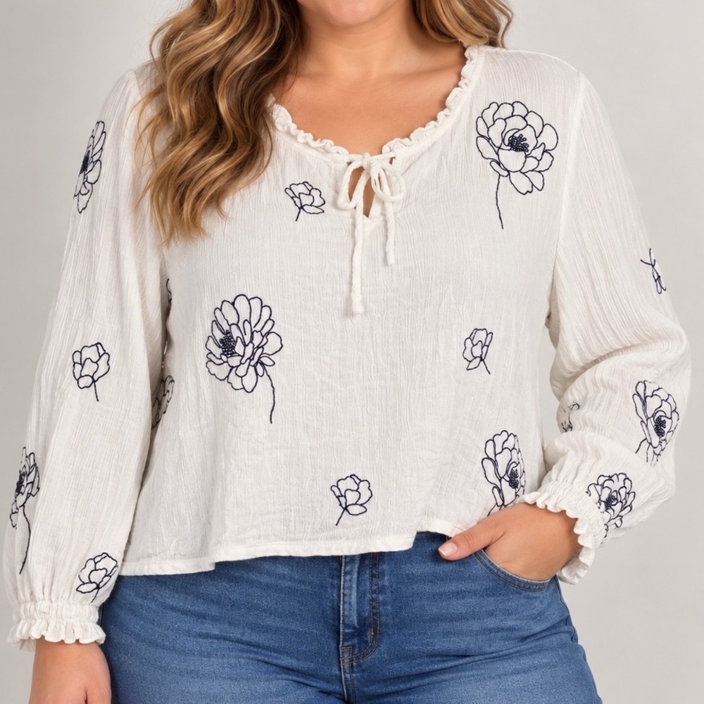 Maurices XL Ivory Embroidered Floral Blouse 100% Rayon Tie Neck Boho Cropped